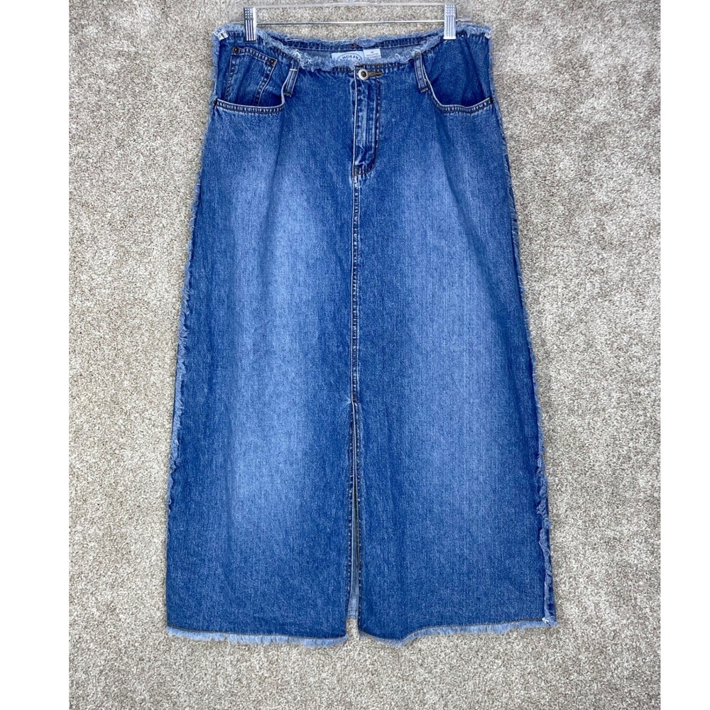 Carolina Blues Frayed Hem Denim Maxi Skirt Womens 14 Blue Raw Edge Slit Western